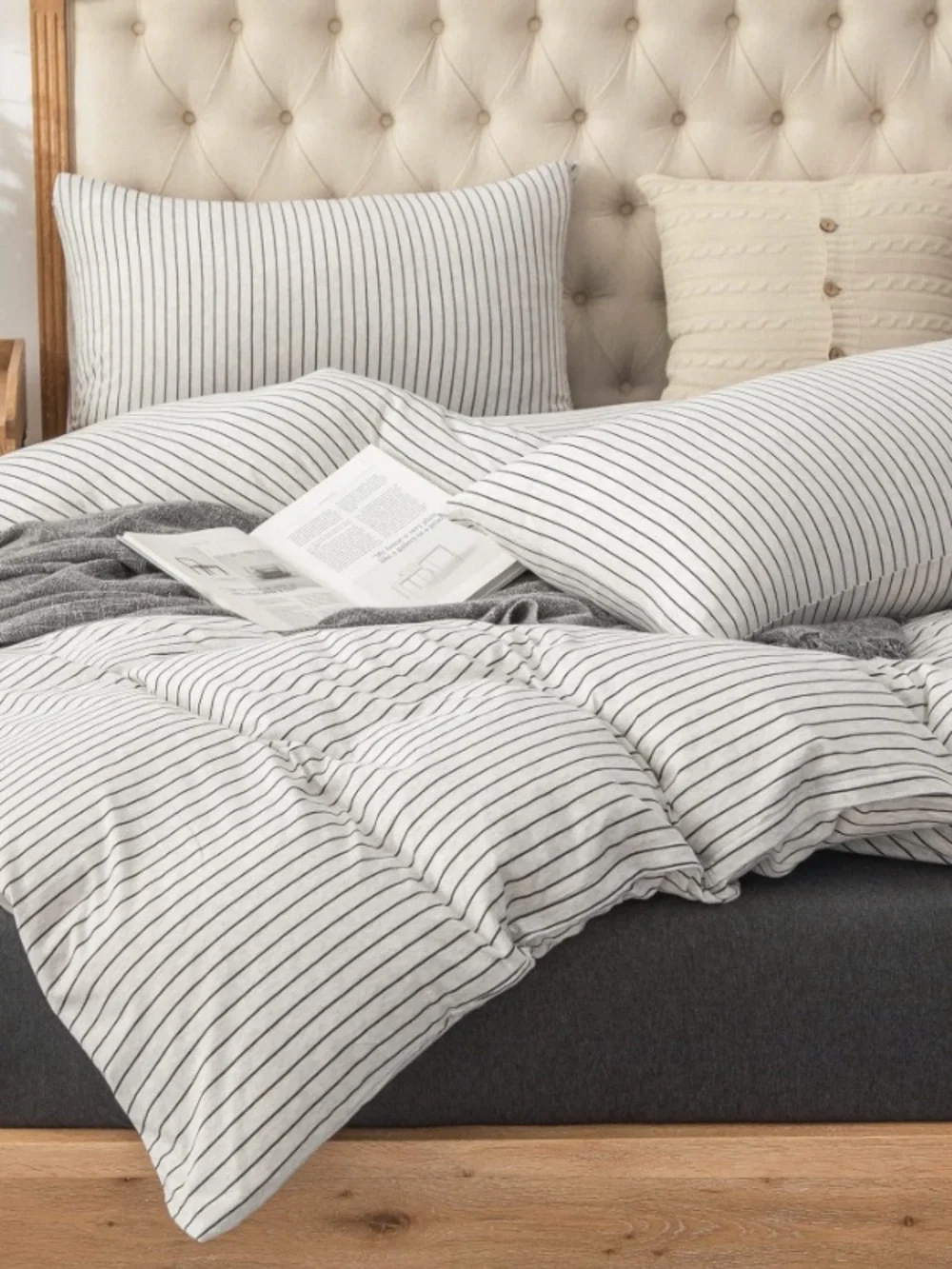 Ultra-Soft Striped Jersey Knit Duvet Set 100% Cotton Heather Gray/Black  - QUEEN